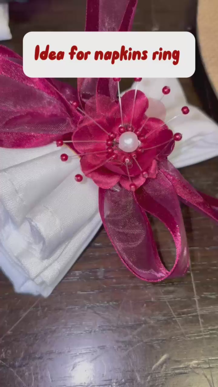 Burgundy Ribbon Flower with Pearl Napkin Ring (12 Pieces)
