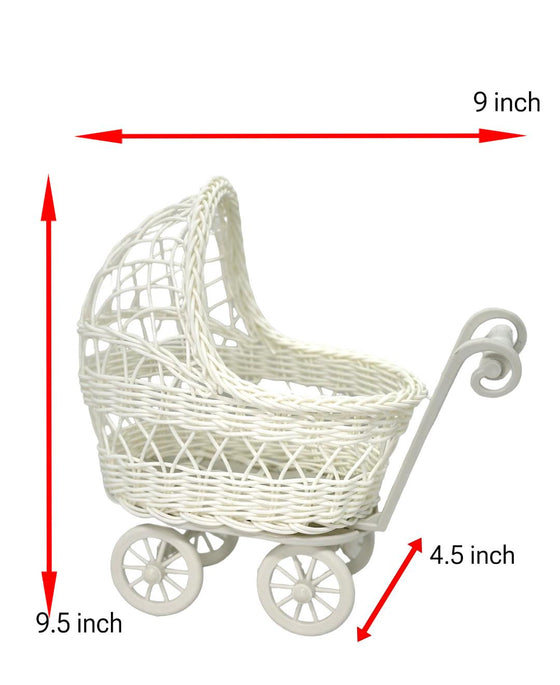 9 1/2'' Wicker Baby Carriage - Baby Shower Centerpiece White
