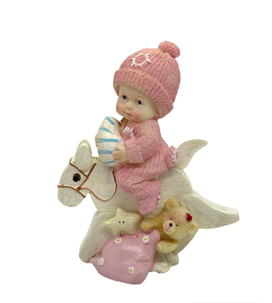 Pink Polyresin White Baby Girl Riding Horse - 12 Pieces