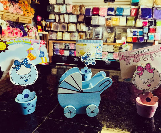 Blue Wooden Baby Shower Card Holder Pot with Stroller(12 Pieces)