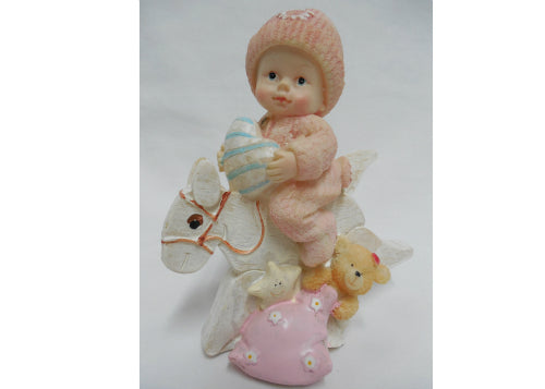 Pink Polyresin White Baby Girl Riding Horse - 12 Pieces