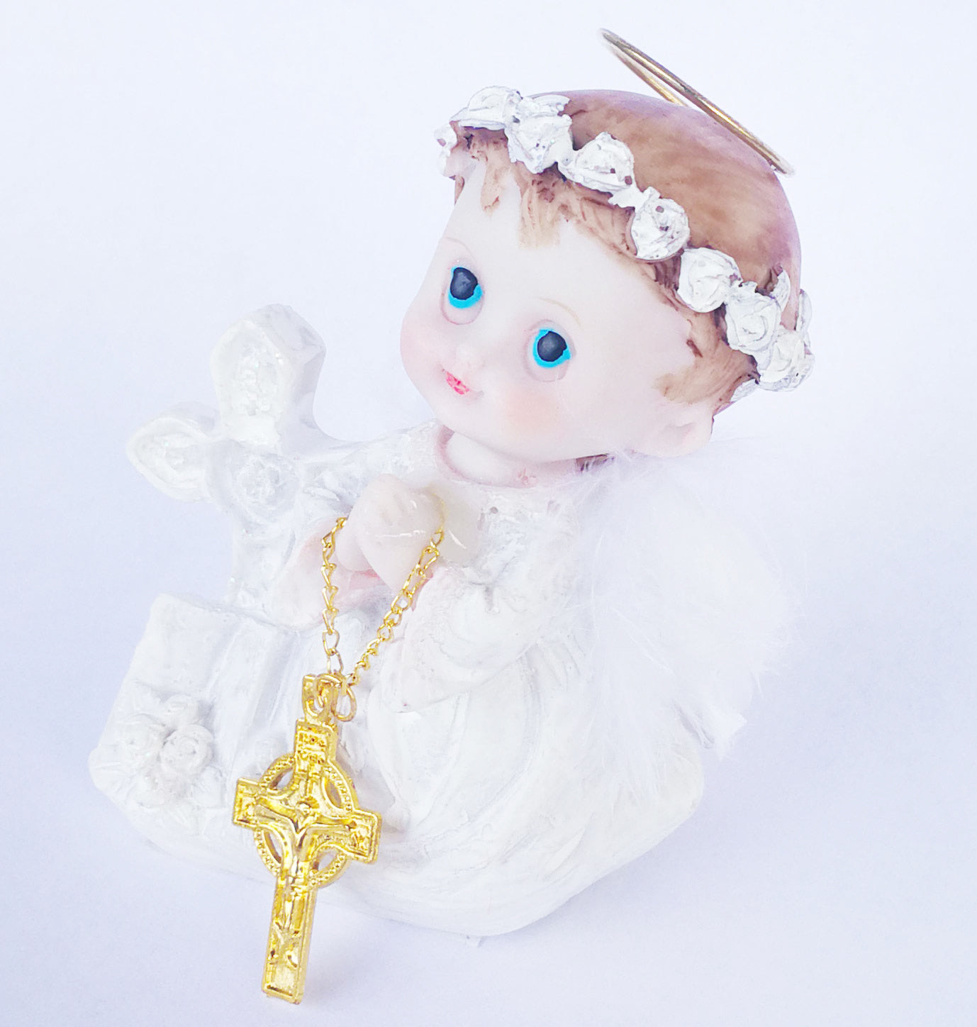 Praying Baby Angel with a Silver Cross and Feather Wings White