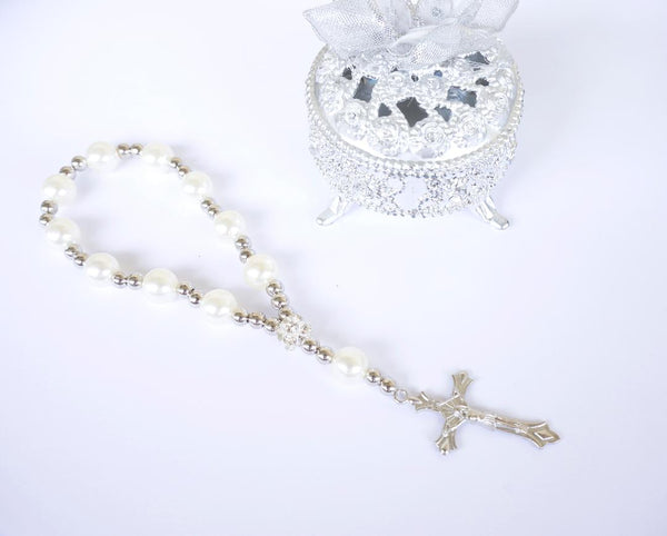 Baptism Favors 7 Inch Mini Rosary Pearl Beads with Silver Plated Accen