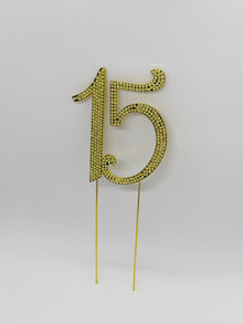  4-1/2" Large Number 15 Rhinestone Quinceanera Cake Topper Gold