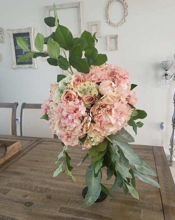 Peony & Hydrangea Silk Flower Wedding Bouquet Beige Pink