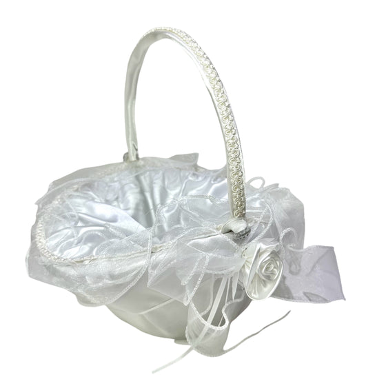 10" X 8" Oval Venetian Flower Girl Basket with Organza Edge White