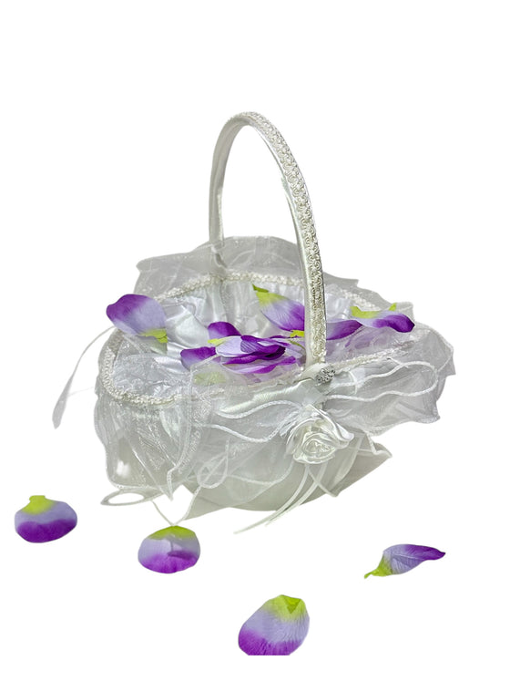 10" X 8" Oval Venetian Flower Girl Basket with Organza Edge White