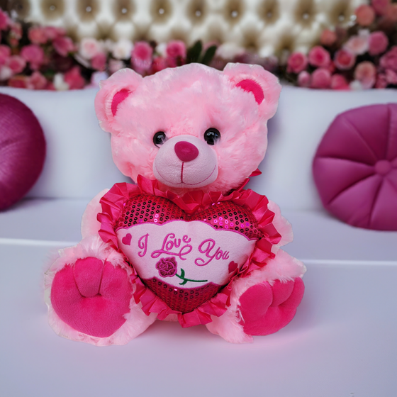 15" Musical Valentine Bear Pink with I Love You Heart and Light up cheek (1 Piece)