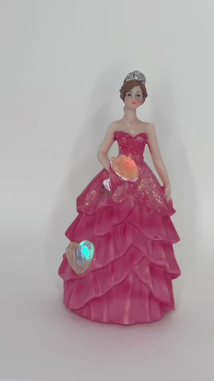 LED Charming 8-Inch Fuchsia Quinceañera Princess Figurine Cake Topper for Celebrations