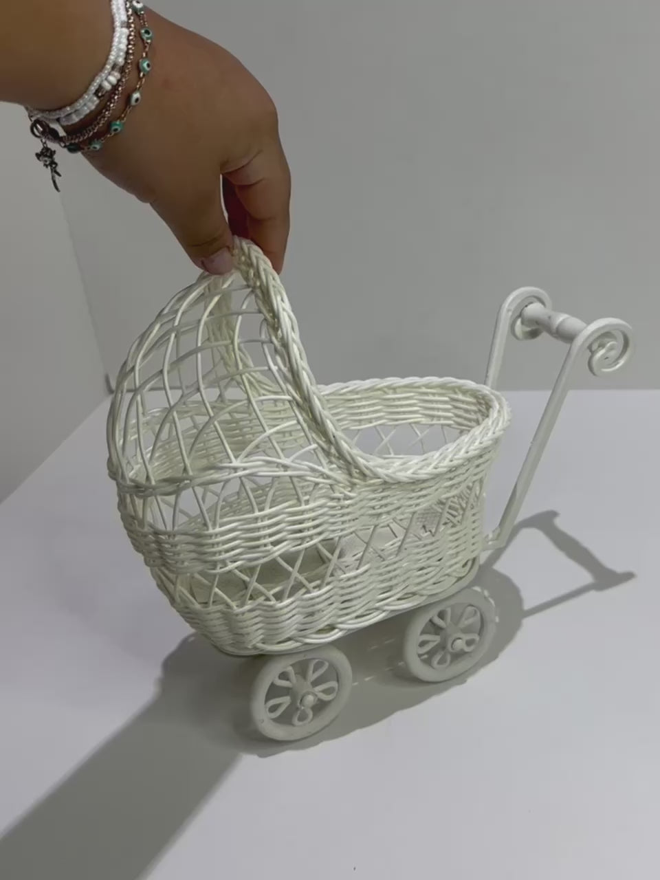 9 1/2'' Wicker Baby Carriage - Baby Shower Centerpiece White