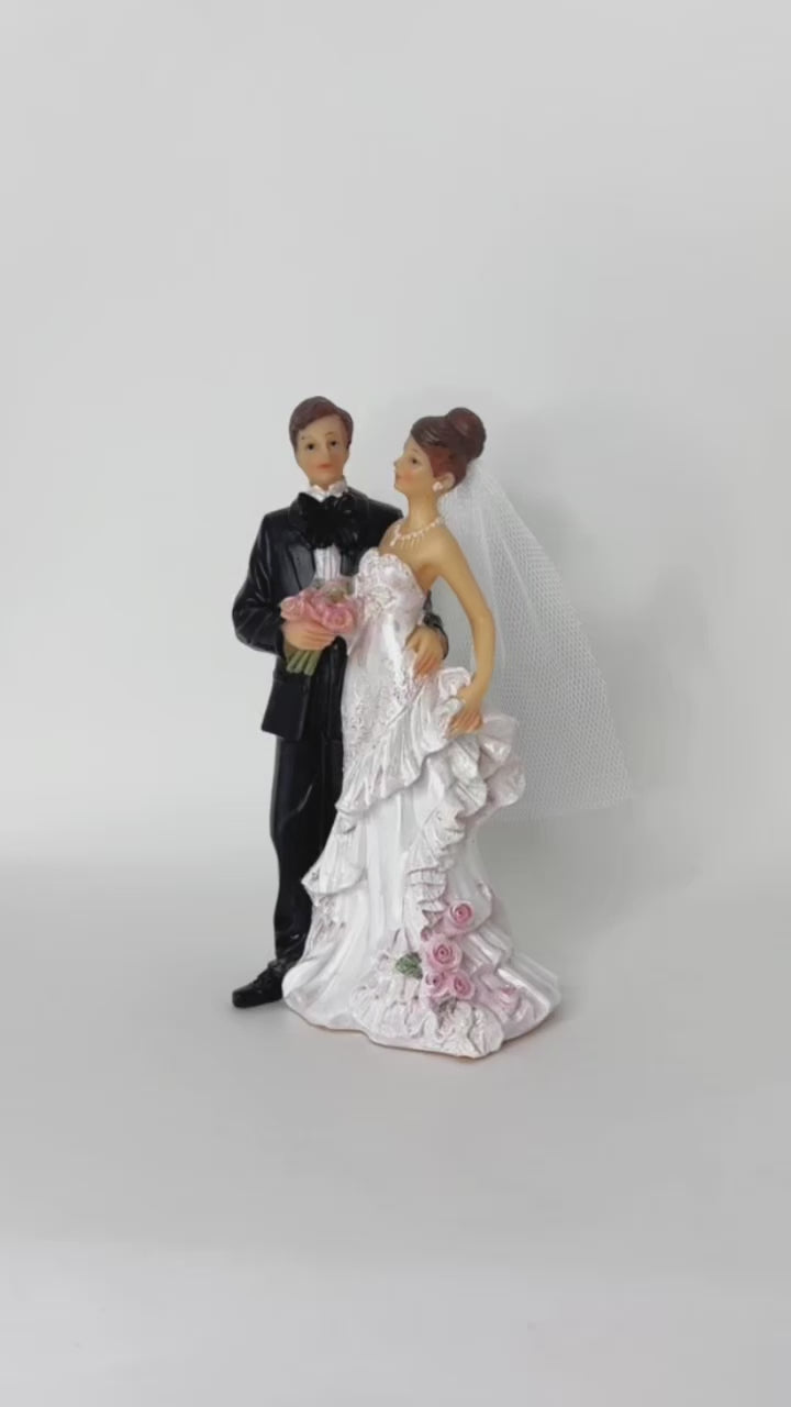 7" Poly Resin Wedding Cake Topper Couple with Flower Bouquet (1 Piece)