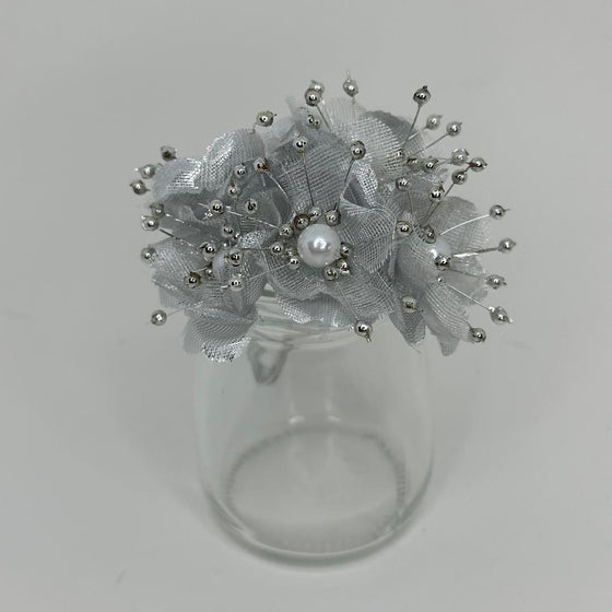 Organza and Satin Flower with Pearl Spray Silver (72 Flowers)