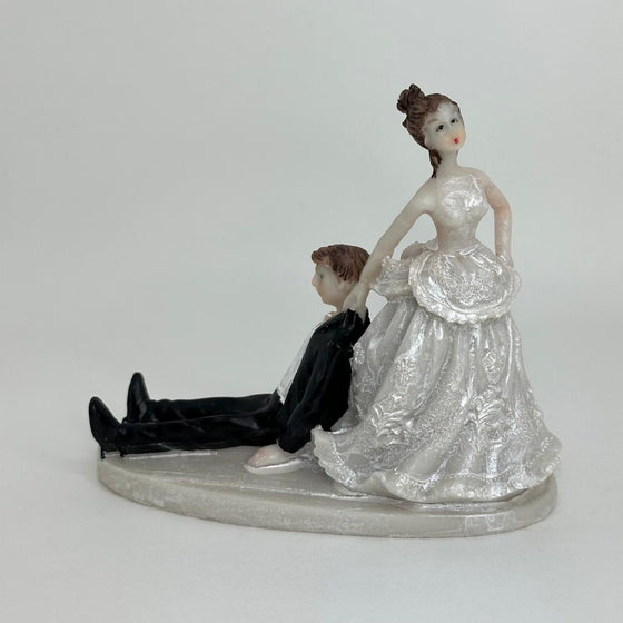 5" Poly Resin Wedding Cake Topper Bride Pulling The Drunk Groom