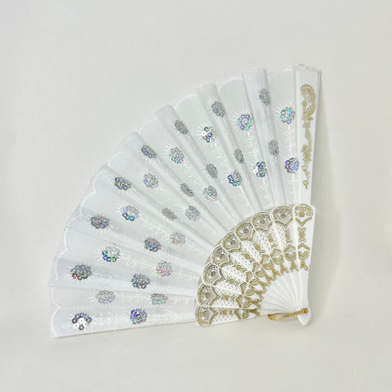 10 Pcs White Cloth Hand Fans with White Gold Plastic Handle