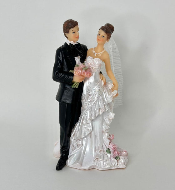 7" Poly Resin Wedding Cake Topper Couple with Flower Bouquet (1 Piece)