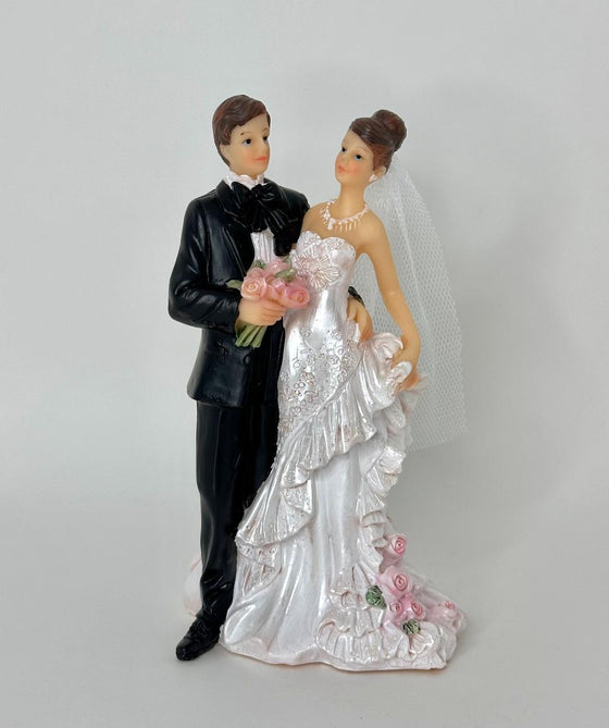 7" Poly Resin Wedding Cake Topper Couple with Flower Bouquet (1 Piece)