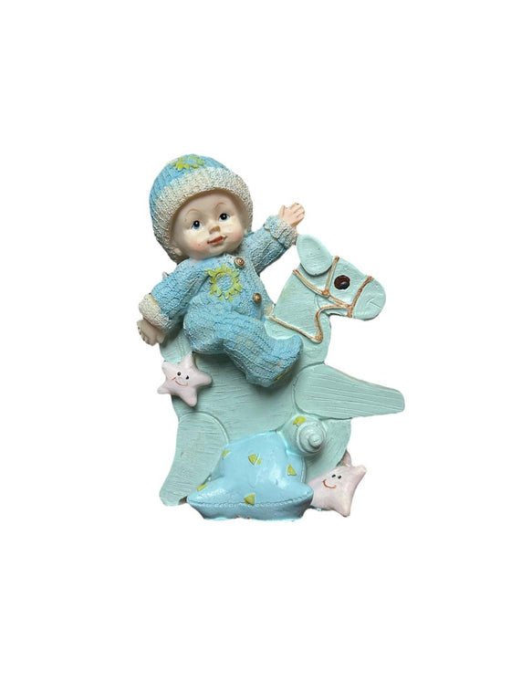 Blue Baby Boy with Rocking Horse Statue ( 6 inch )