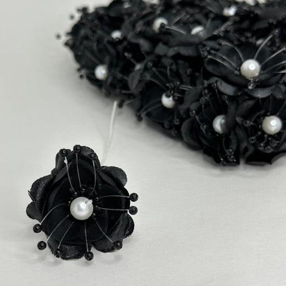 Organza and Satin Flower with Pearl Spray Black (72 Flowers)