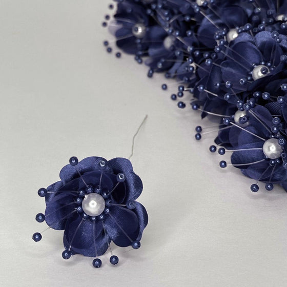 Organza and Satin Flower with Pearl Spray Navy Blue (72 Flowers)