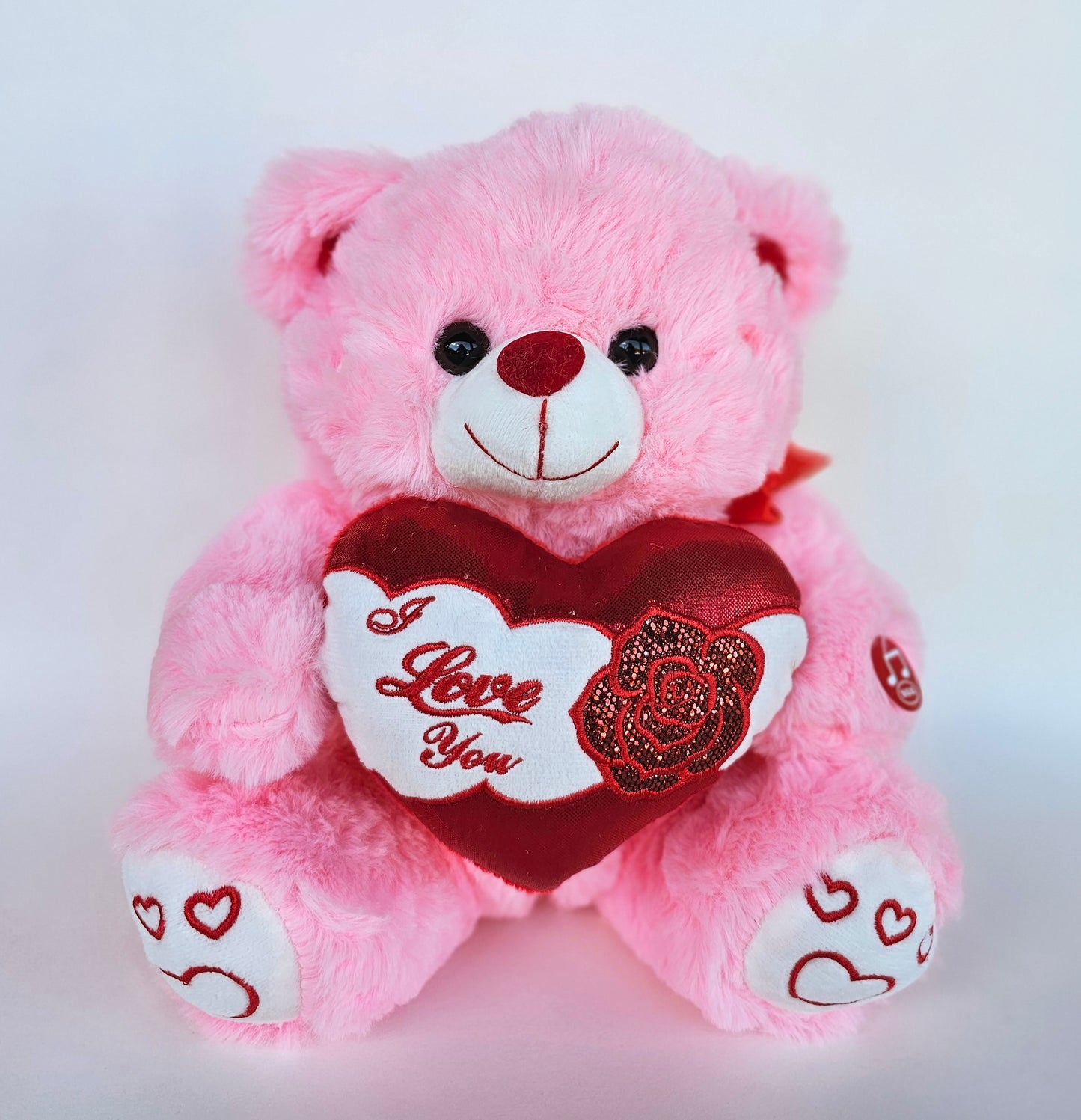 11" Pink Music Bear with I Love You Heart and Light up cheek 