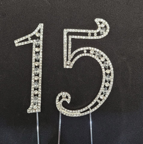 4 Inch Number 15 Birthday Rhinestone Quinceanera Cake Topper Silver