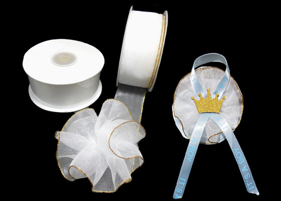 White 1-1/2" Sheer Organza Capia Pull Bow Ribbon with Single Gold Edge 25 Yards