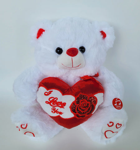 11" White Musical Bear with I Love You Heart and Light up cheek (12 Pieces) 
