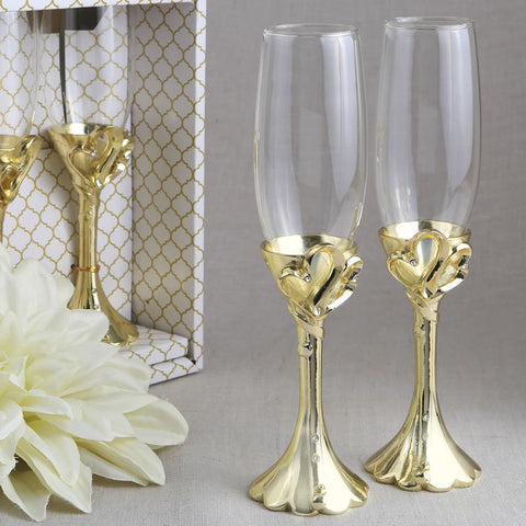 Gold Double Hearts Design Champagne Flute Set
