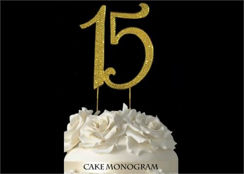4-1/2" Large Number 15 Rhinestone Quinceanera Cake Topper Gold