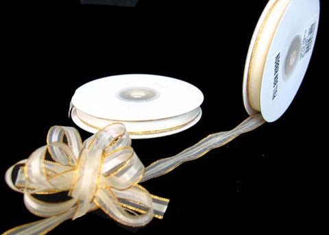 3/8" Ivory Pull Bow Ribbon with Gold Edge (25 yard)