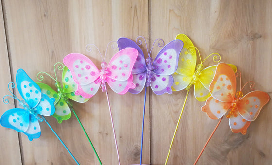 4'' Polka Dots Nylon Butterfly Decoration With Stick (24 assorted pieces)