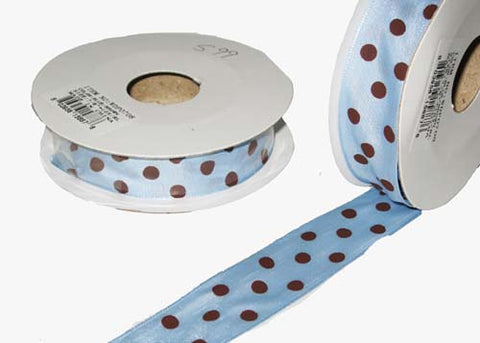7/8" Brown Polka Dots Single Face Satin Wired Ribbon Light Blue 10 YD 