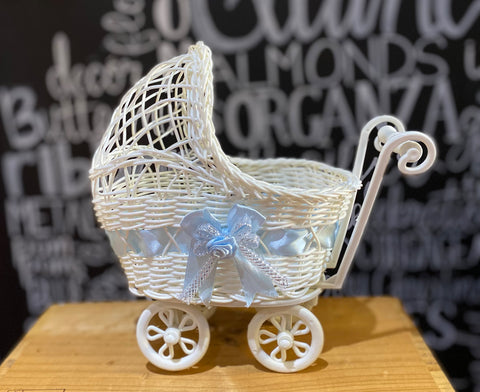 9 1/2'' Wicker Baby Boy Carriage - Baby Shower Centerpiece