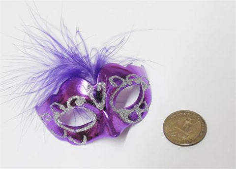 3" Mini Silver Glitter Venetian Mask with Feather Purple (12 Pieces)