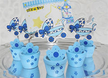  Blue Wooden Baby Shower Card Holder Pot with Stroller(12 Pieces)