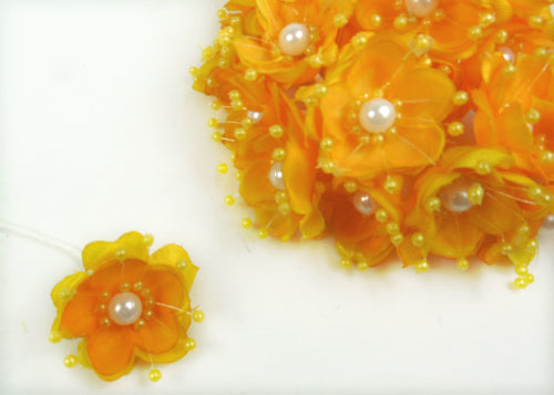 Organza and Satin Flower with Pearl Spray Yellow (72 Flowers) 
