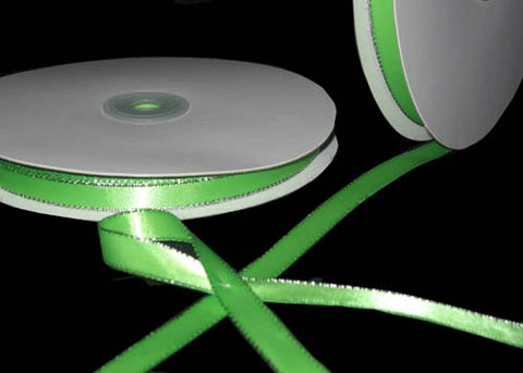 3/8" Double Face Satin Ribbon with Silver Edge Apple Green 50 Yards 