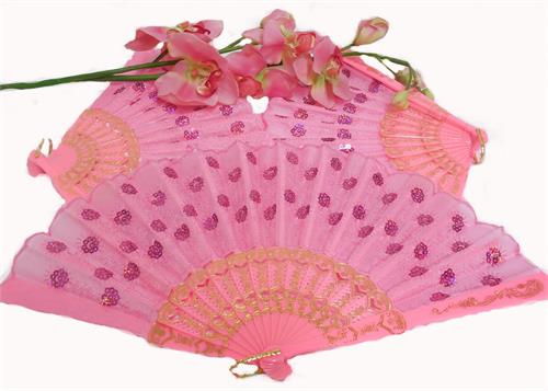  Pink Cloth Hand Fans with  Plastic Handle  (10 pcs)