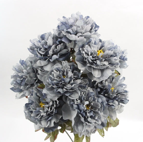 25 Inch Artificial Peony Silk Flower Bush 9 Heads Gray with Williamsburm Blue