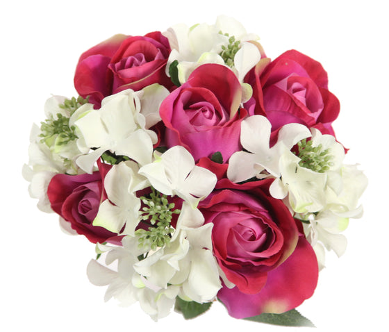 Rose & Hydrangea Silk Flower Wedding Bouquet Cream Fuchsia