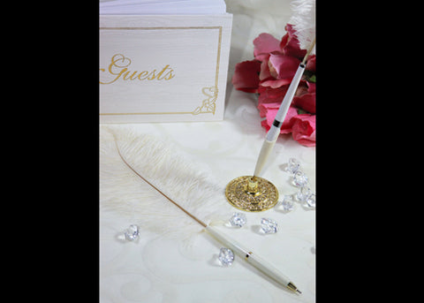 White Ostrich Feather Plume Pen and Holder Set