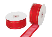  1-1/2" Satin Edge Organza Ribbon Red with Gold Lines 25 Yards
