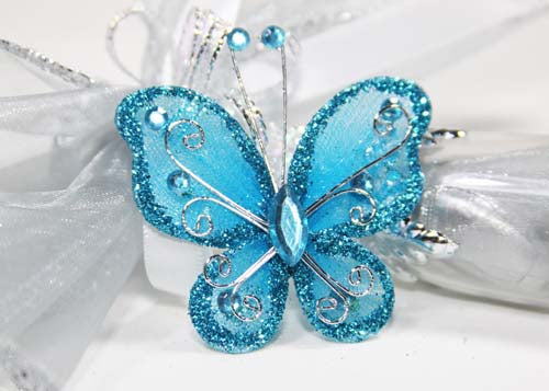 Rhinestone Organza Decorative Butterflies Turquoise (50 Pieces)
