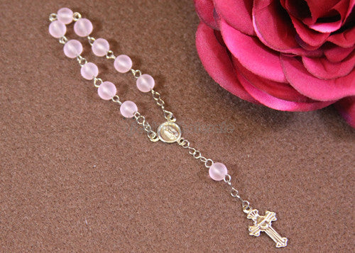 5" 6MM Round Glass Beads Rosary Pink/Silver (12 Pieces)