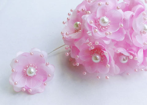 Organza and Satin Flower with Pearl Spray Pink(72 Flowers)