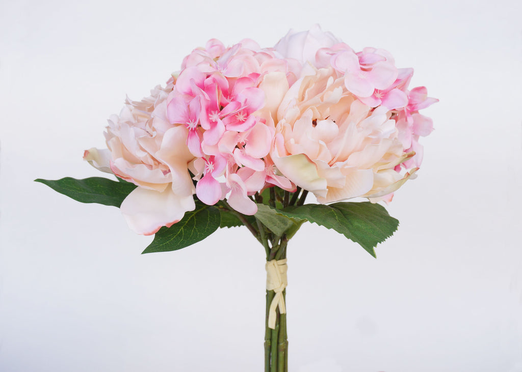 white hydrangea and pink peony bouquet