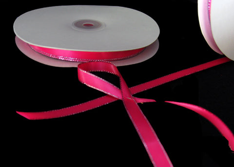 3/8" Double Face Satin Ribbon with Silver Edge Hot Pink 50 Yards 