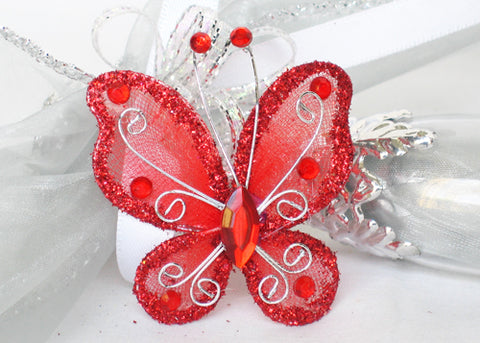 Rhinestone Organza Decorative Butterflies Red (50 Pieces)