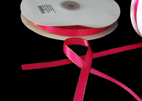 3/8" Double Face Satin Ribbon With Gold Edge Hot Pink 50 yards