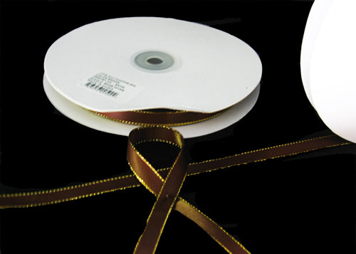 3/8" Double Face Satin Ribbon with Gold Edge Brown 50 Yards  